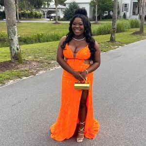 Luxurious Orange Prom Dress with Gold Detailing. Fits:L 11/13 Cup Size: C36-D28